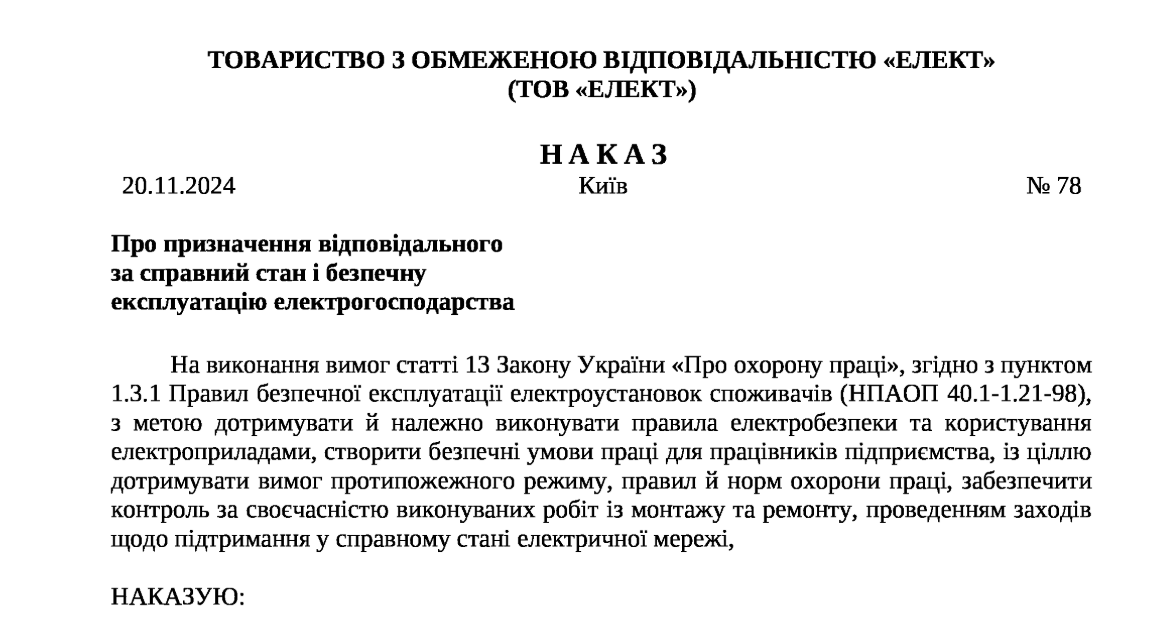 Наказ про призначення відповідального за справний стан і безпечну експлуатацію електрогосподарства 