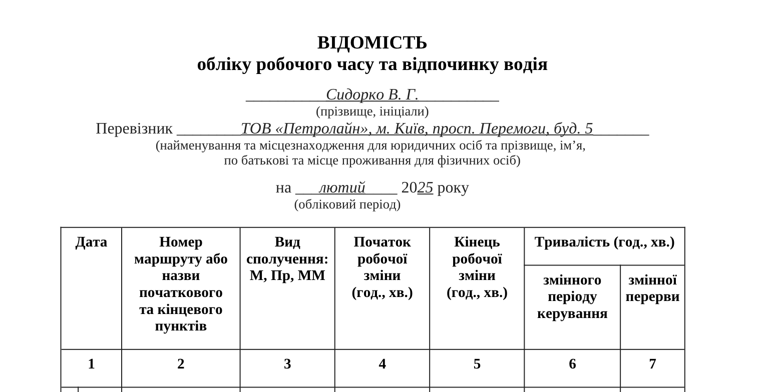 Скачати відомість обліку робочого часу та відпочинку водія