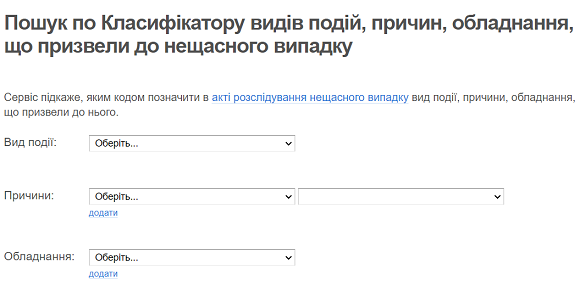 Класифікатор видів подій, причин, обладнання, що призвели до нещасного випадку