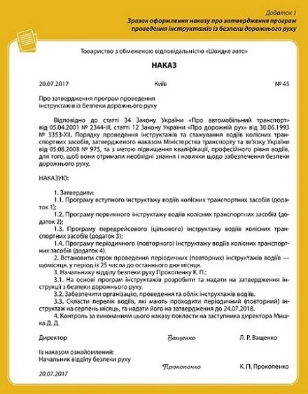 наказ про затвердження програм інструктажів із безпеки руху