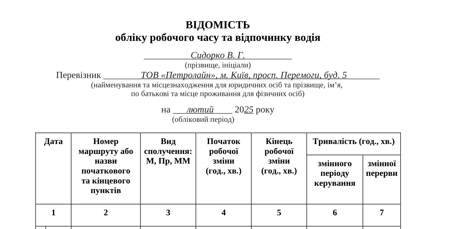 Скачати відомість обліку робочого часу та відпочинку водія