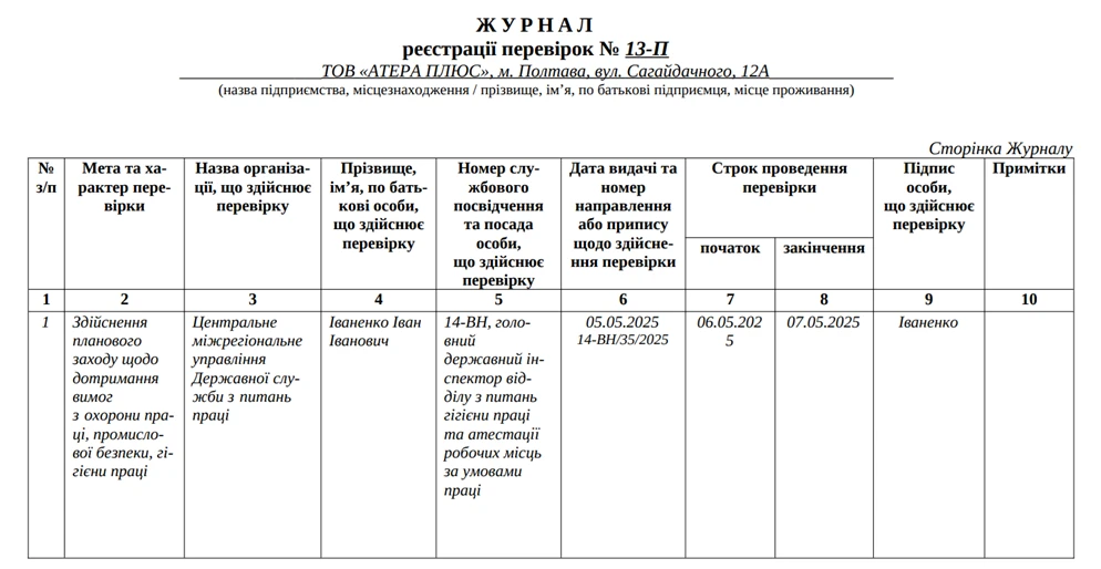 Журнал реєстрації перевірок