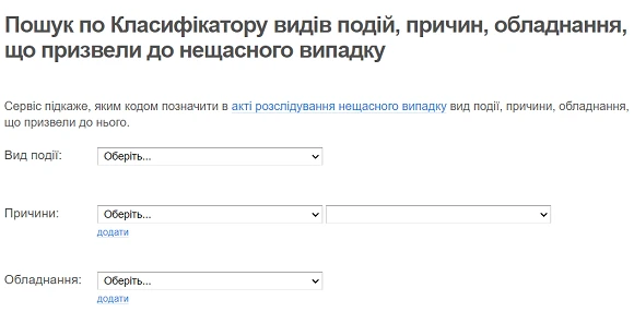 Класифікатор видів подій, причин, обладнання, що призвели до нещасного випадку